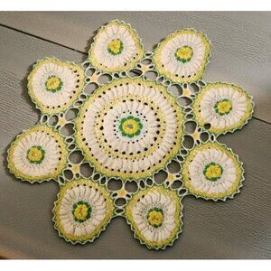 Handmade Crotchet Raised Floral Doily 31" Yellow Green Cottagecore Victorian